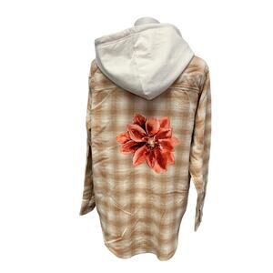 New Hand Printed Womens 3XL Christmas Poinsettia Flower Plaid Flannel Hoodie